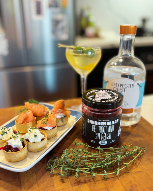 Mini savoury tarts with Drunken Sailor Beetroot & Gin Relish