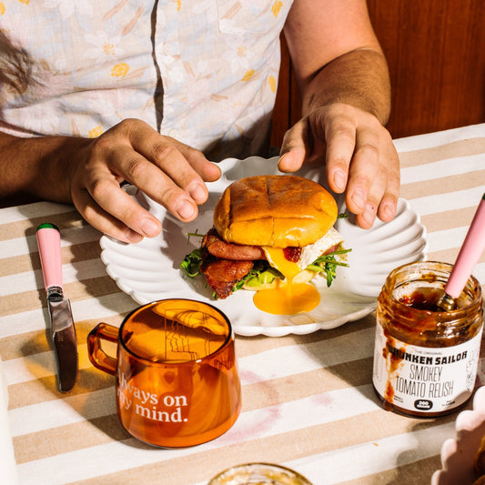 Cheesy Bacon & Egg Roll with Drunken Sailor Smokey Tomato Relish