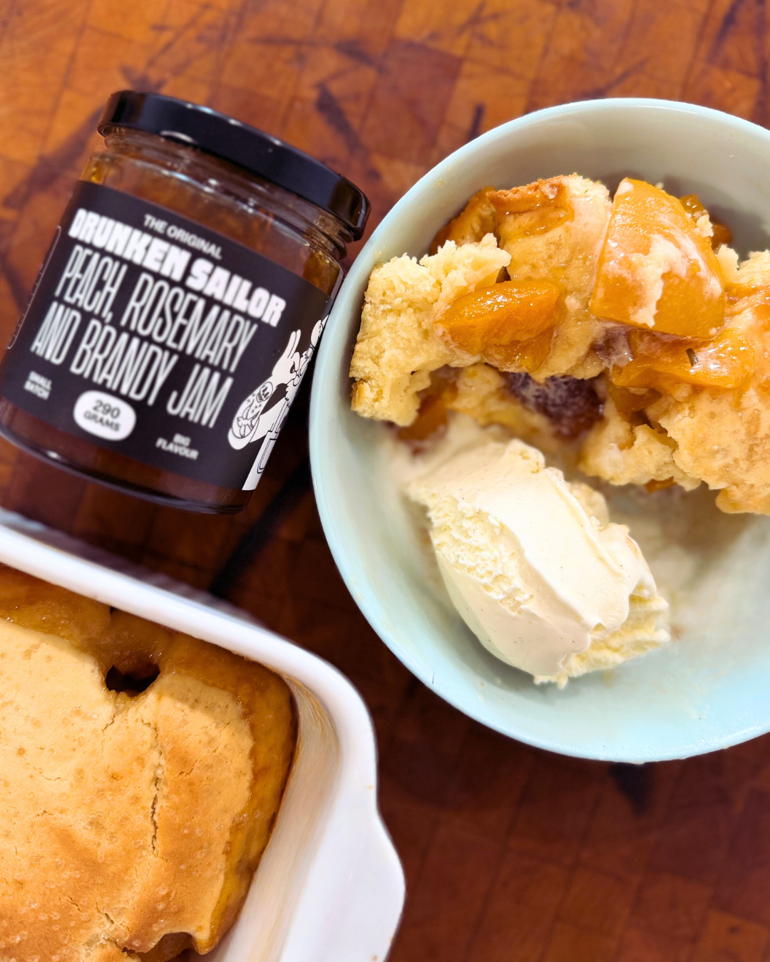 Ultimate Comfort Food - Peach Cobbler with Drunken Sailor Peach, Rosemary & Brandy Jam