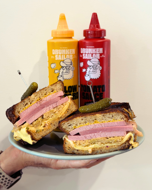 Loaded Reuben Sanga with Drunken Sailor Squeezy Sauces