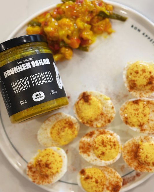 Devilled Eggs with Drunken Sailor Whisky Piccalilli